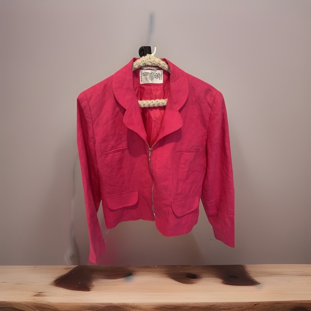International Scene Womens Hot Pink Linen Zip Front Blazer Jacket Sz 10